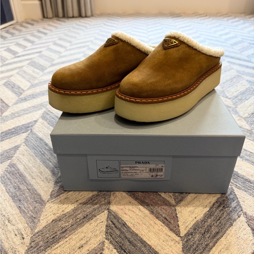 Prada Women's Tan Suede Shearling Mules